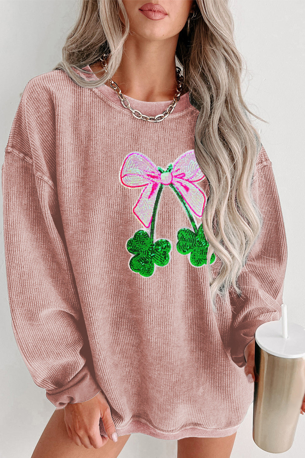 Saint Patrick’s Day Sequin Bow Clover Graphic Sweatshirt