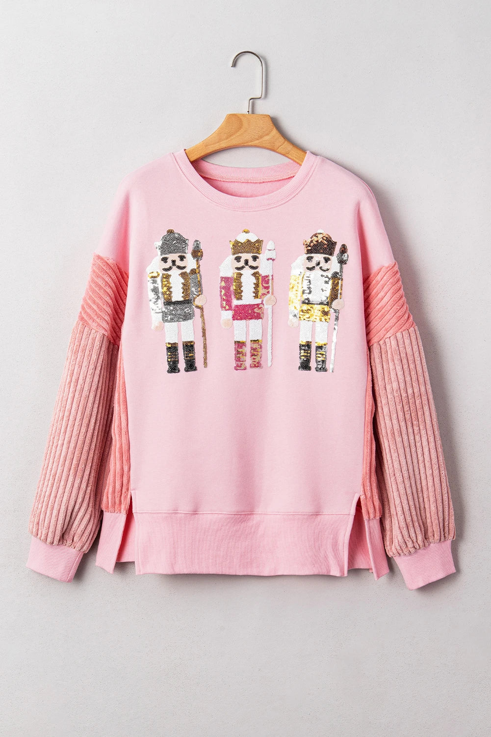 Sequin Nutcracker Textured Sleeve Patchwork Color Block Sweatshirt