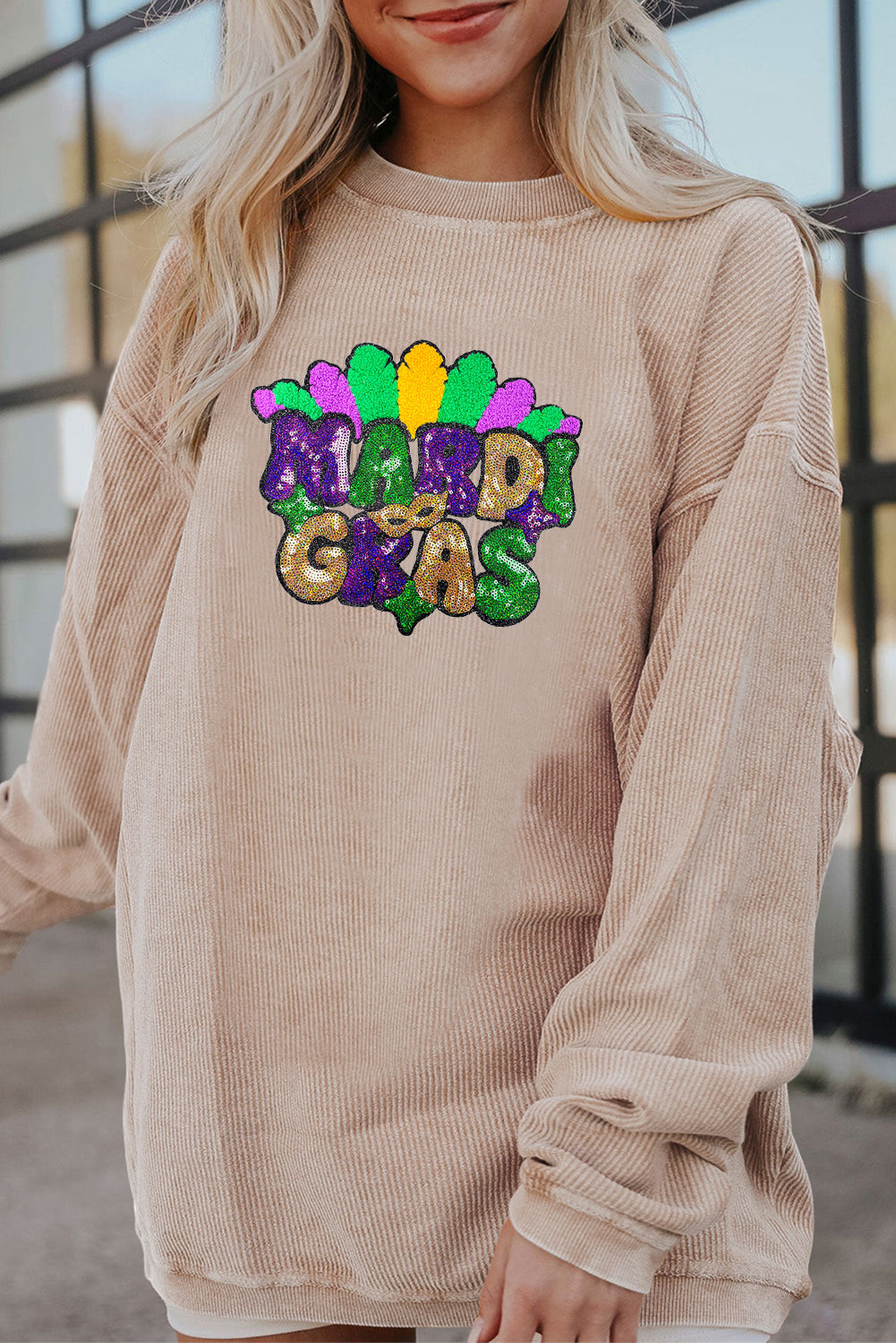 Mardi Gras Beaded Sequin Graphic Corded Sweatshirt