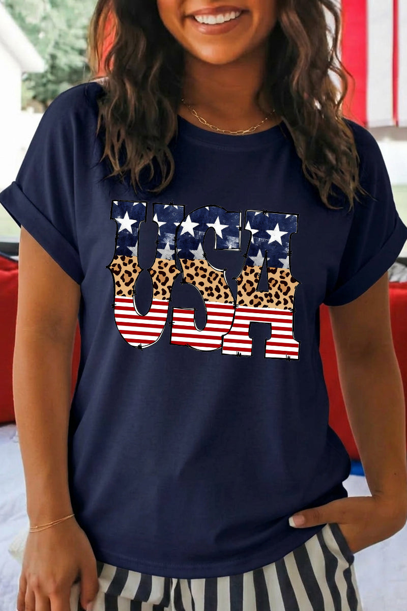 Women 4th of July USA Leopard Flag T Shirt