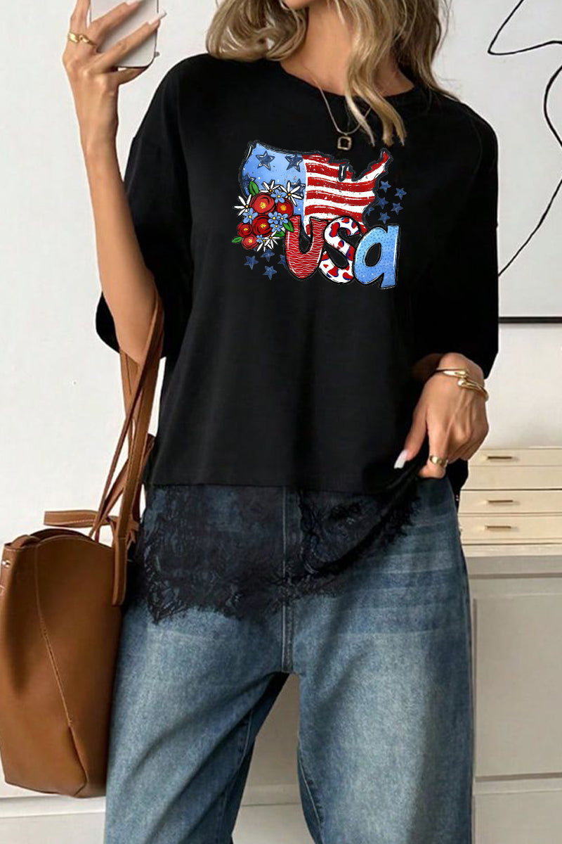 USA Graphic Woven Tee Lace Hem Flag Cute Summer Top