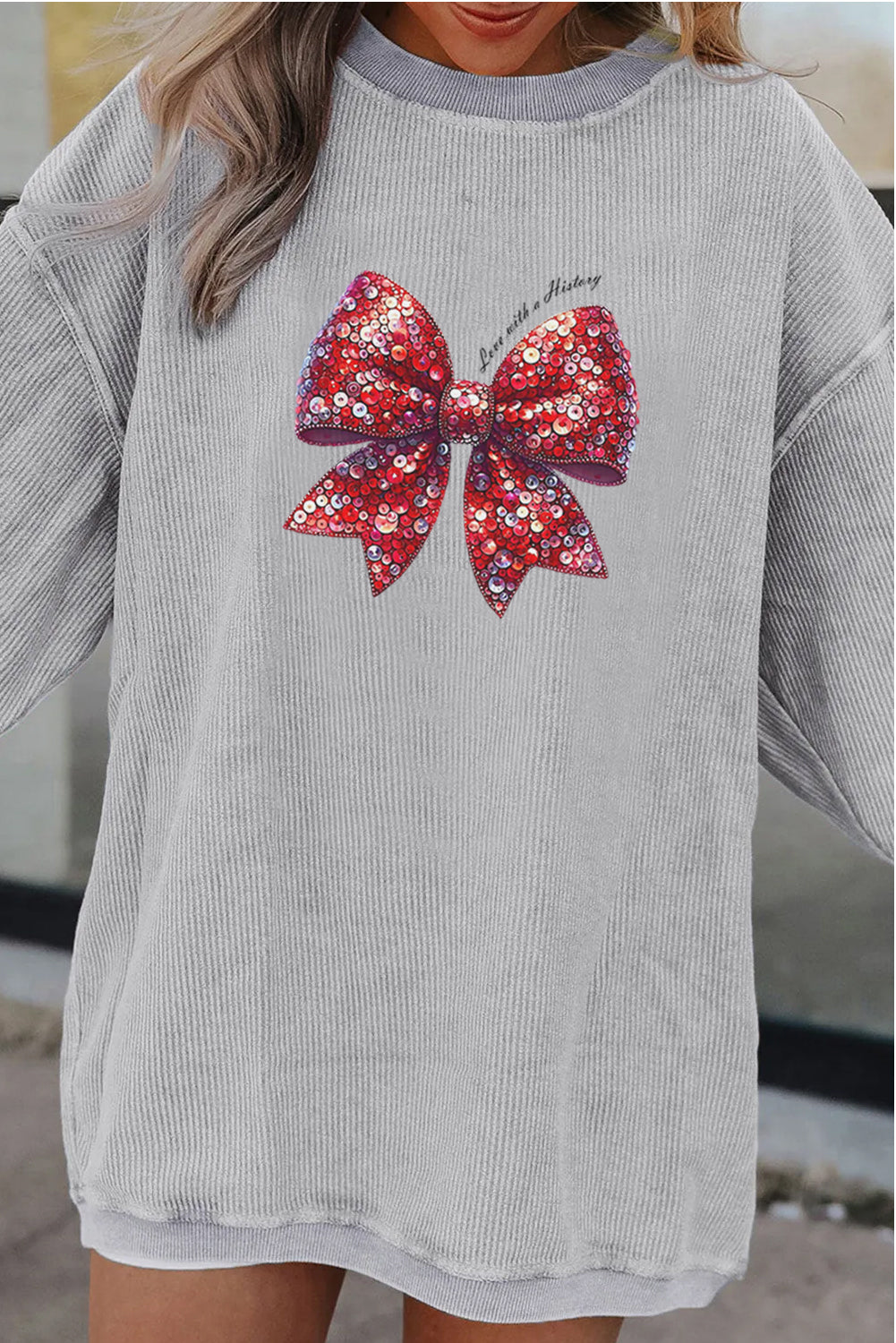 Valentines Day Sequin Bow Graphic Cozy Sweatshirt