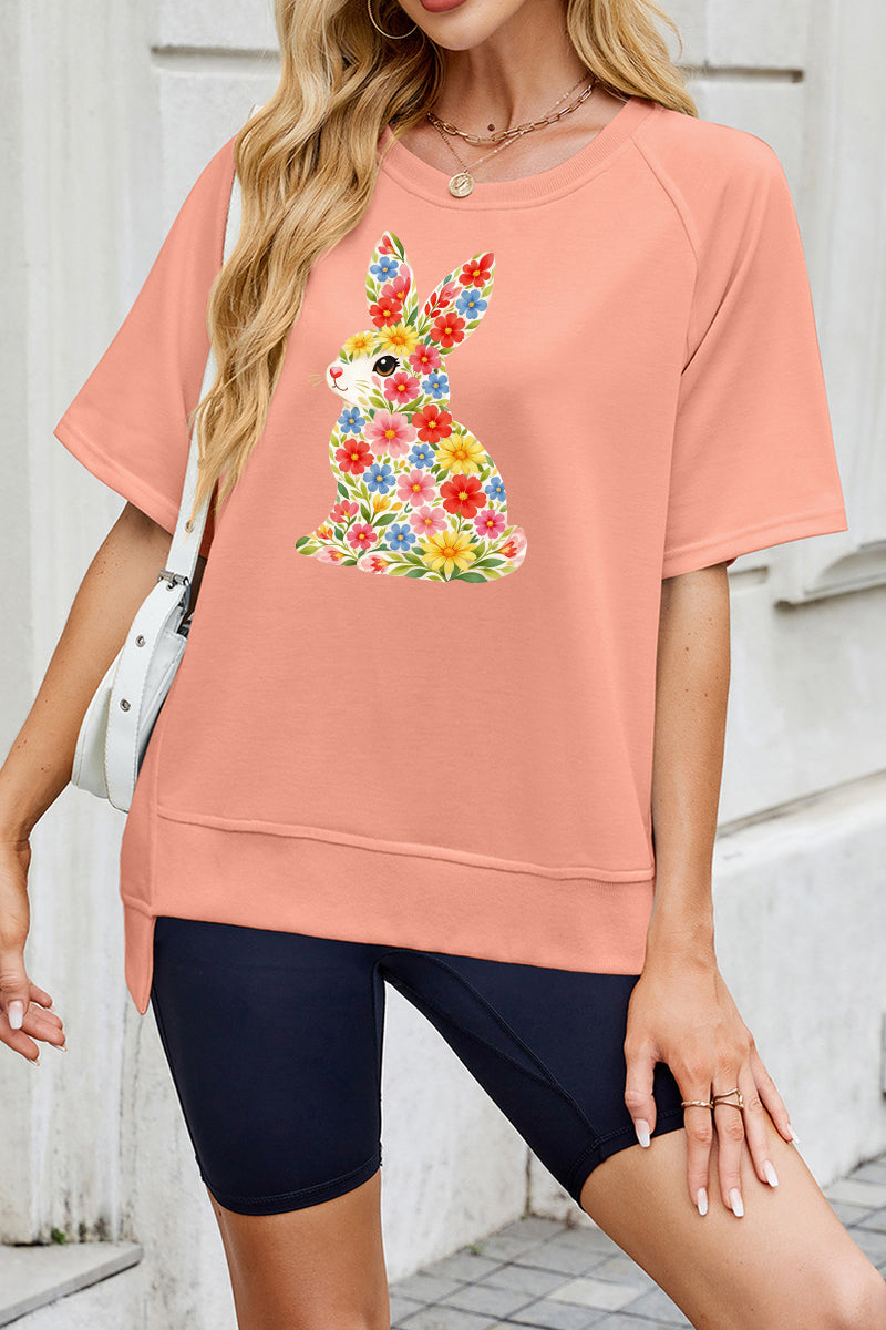 Floral Easter Bunny Graphic Tee Women Spring Casual Top