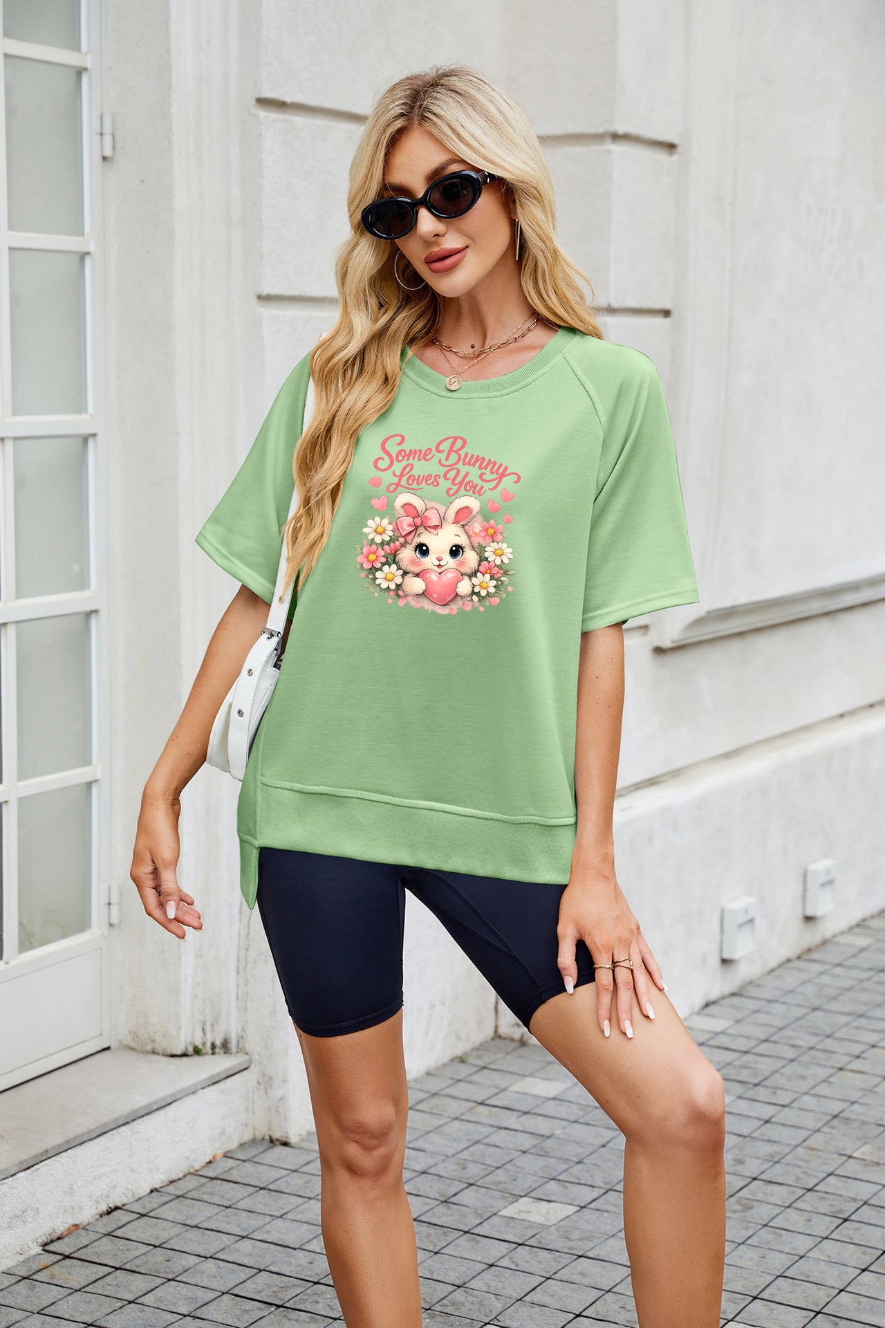Easter Bunny Bow Graphic Casual Crewneck T Shirt
