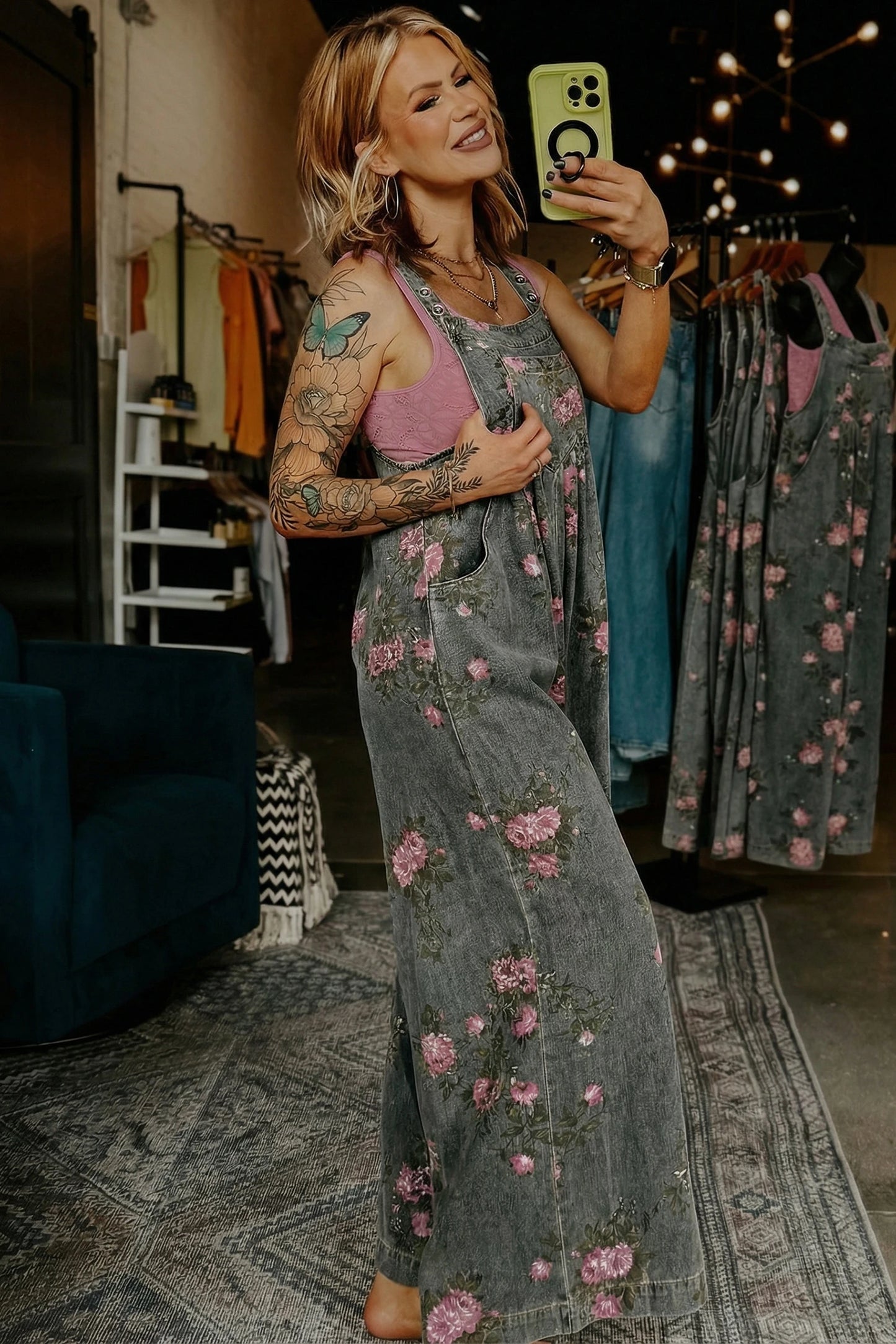 Beau Floral Print Pleated High Waist Wide Leg Denim Jumpsuit