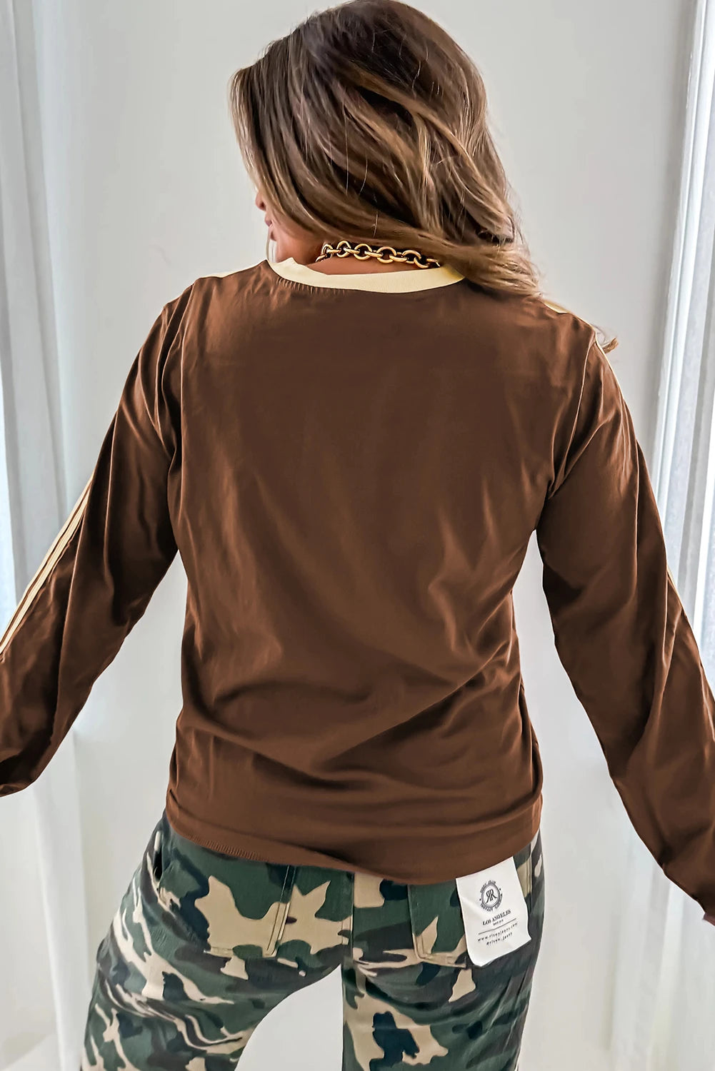 Fiery Red Varsity Striped Accent Contrast Crew Neck Long Sleeve T Shirt