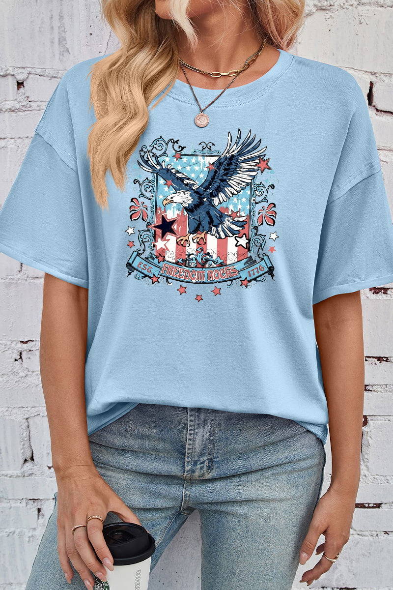 Patriotic Cotton Graphic Tee Oversized Eagle Freedom Top