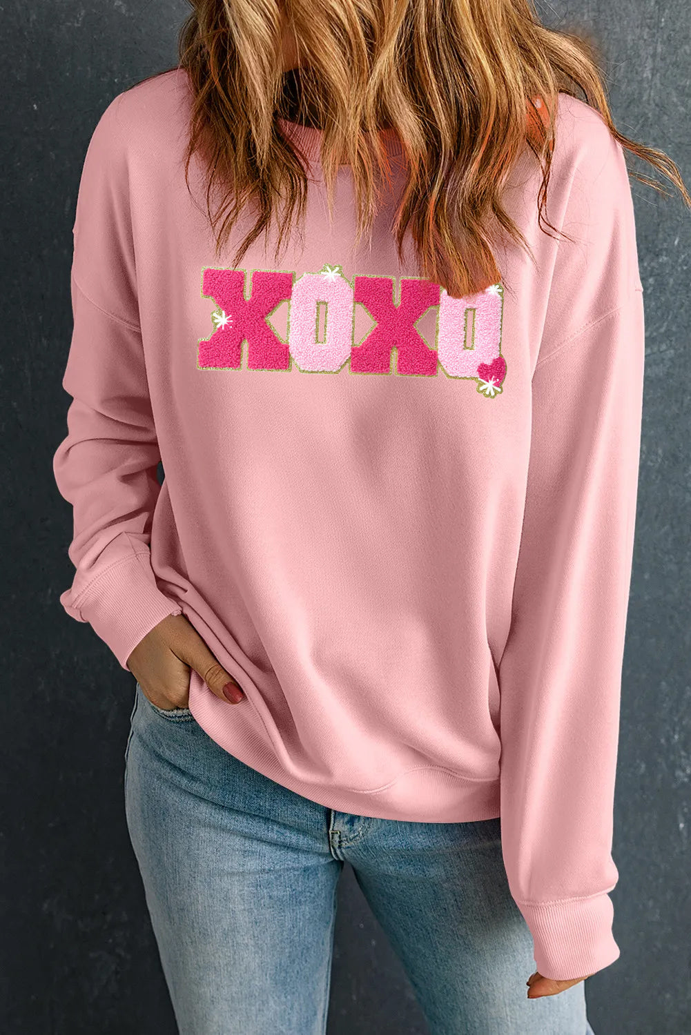 Valentine's Day Pink XOXO Textured Graphic Sweatshirt