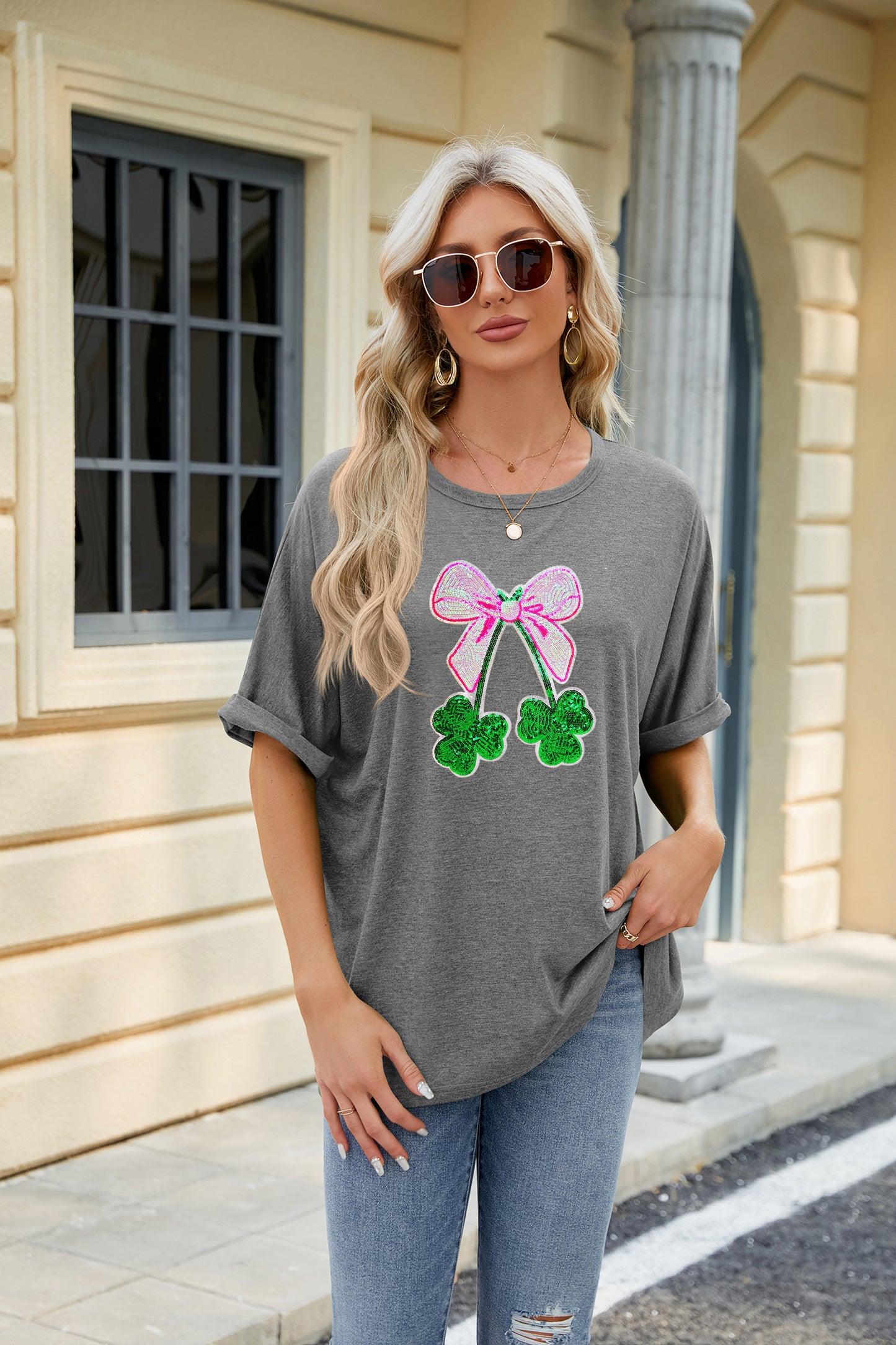 St Patrick’s Day Sequin Bow Clover Graphic Tee