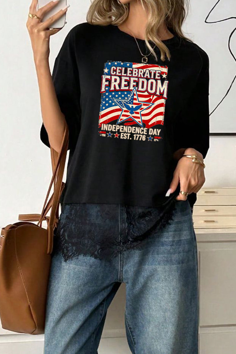 USA Flag Graphic Tee Lace Trim Patriotic 1776 Summer
