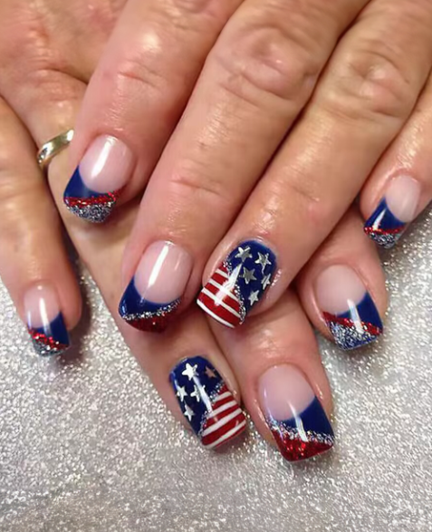 Dark Blue American Flag Shiny Square False Nails