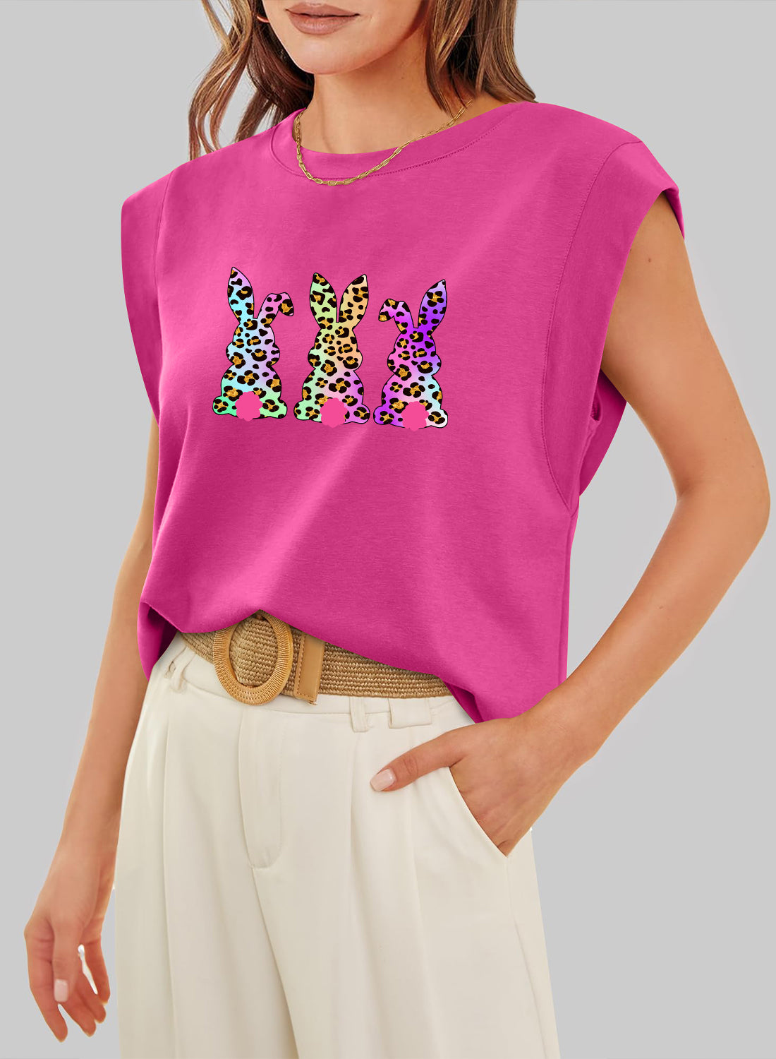 Easter Sequin Bunny Graphic Sleeveless Casual Top
