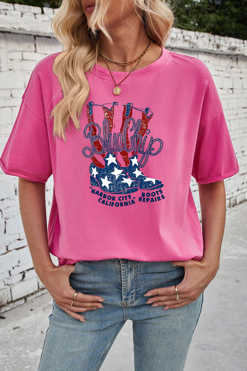 Blue Chip Boots Print Rayon Tee Oversized Patriotic Top