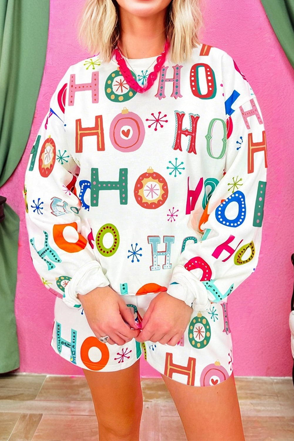 Ho Ho Ho Christmas Fashion Print 2pcs Lounge Short Set