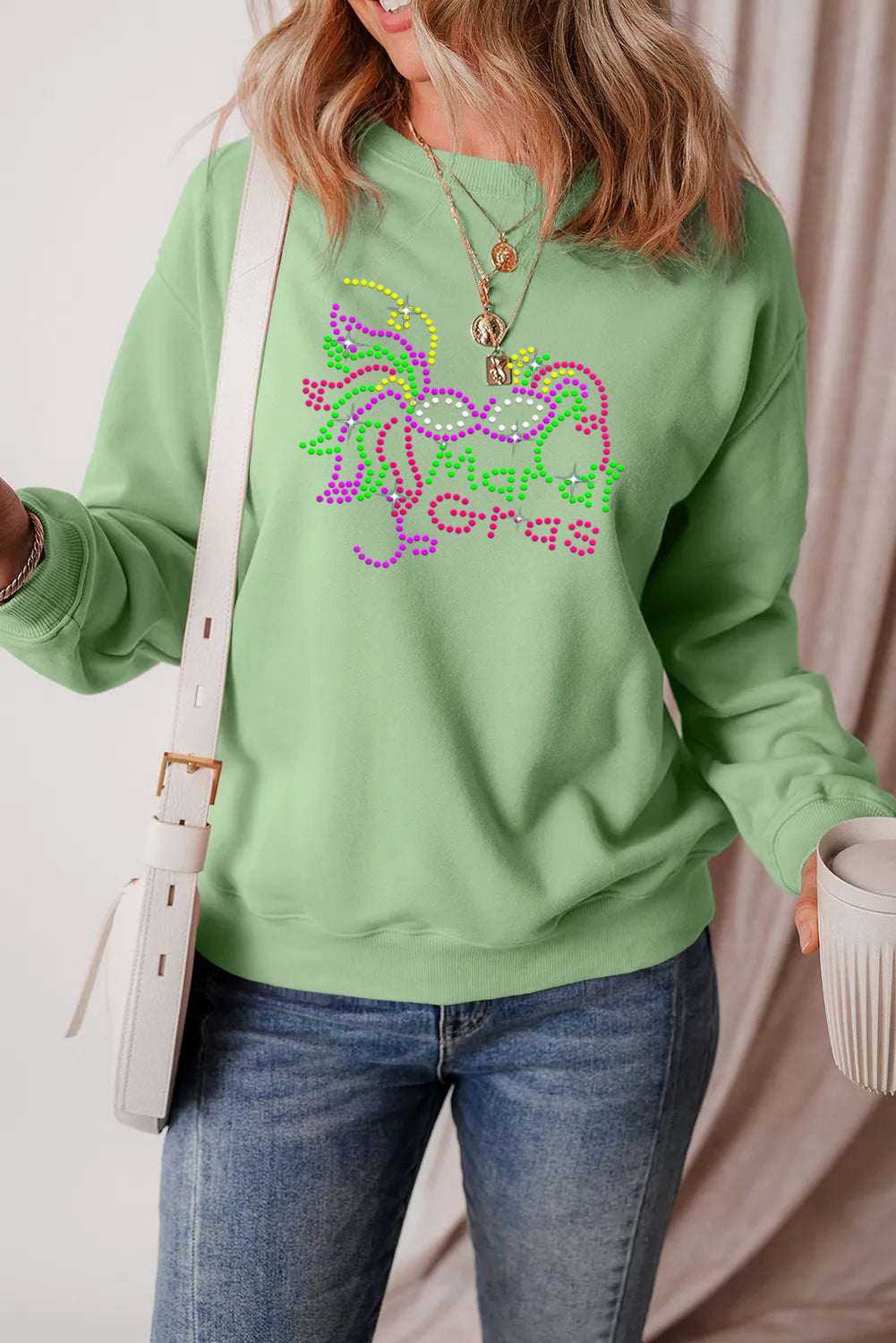 Mardi Gras Rhinestone Mask Graphic Green Sweatshirt