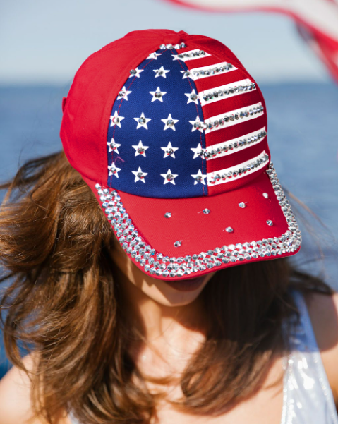 Fiery Red American Flag Rhinestone Decor Baseball Cap