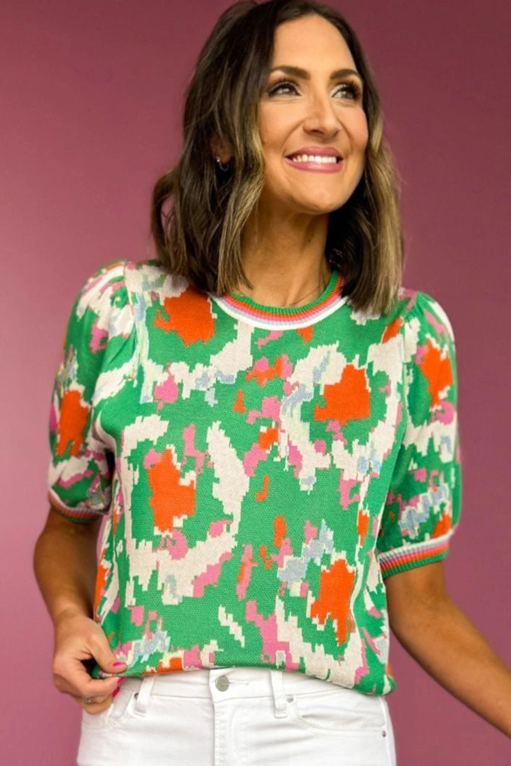 Apricot Abstract Pattern Knit Contrast Striped Trim Short Sleeve Sweater