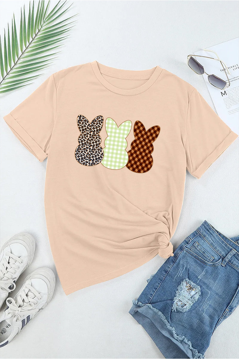 Three Bunny Graphic Tee Women Easter Spring Casual Shirt