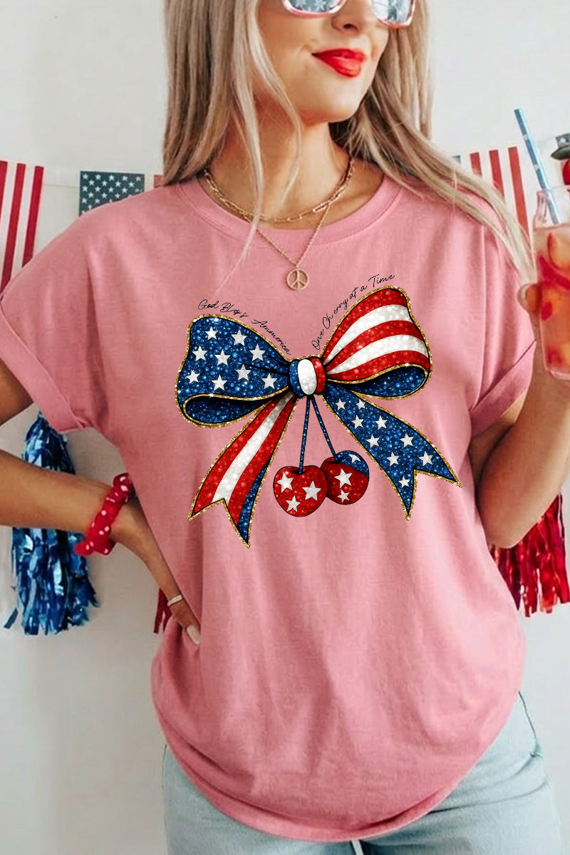 Women 4th of July Patriotic Bow Graphic T Shirt