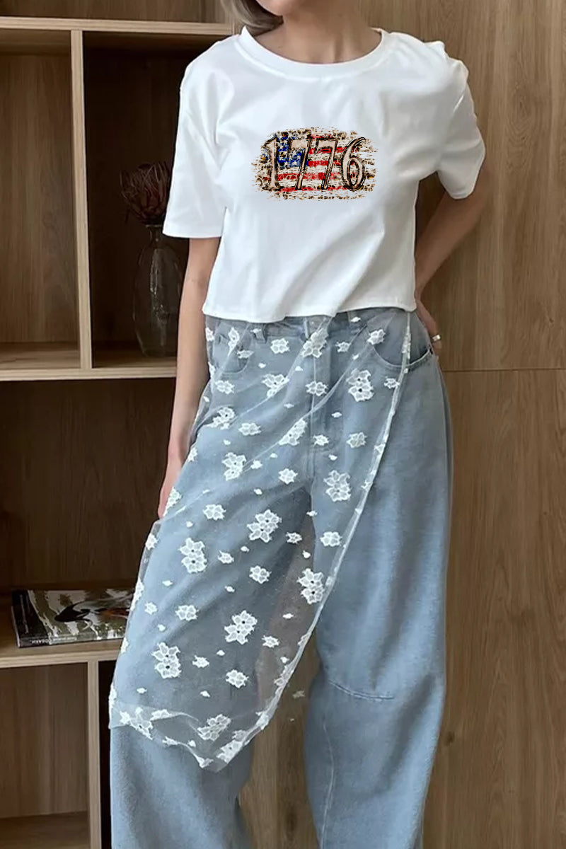 Vintage Patriotic Graphic Tee Lace Patchwork Top