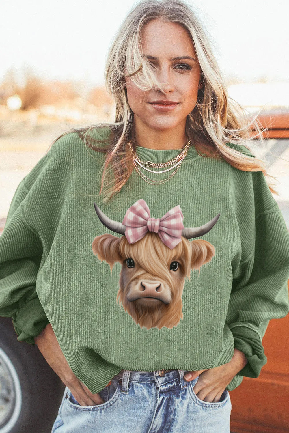 Western Graphic Highland Cow Bow Print Oversized Sweatshirt