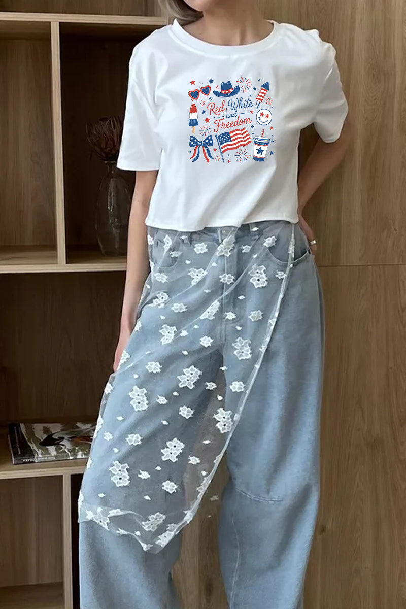 Patriotic Graphic Tee Lace Patchwork Freedom Top