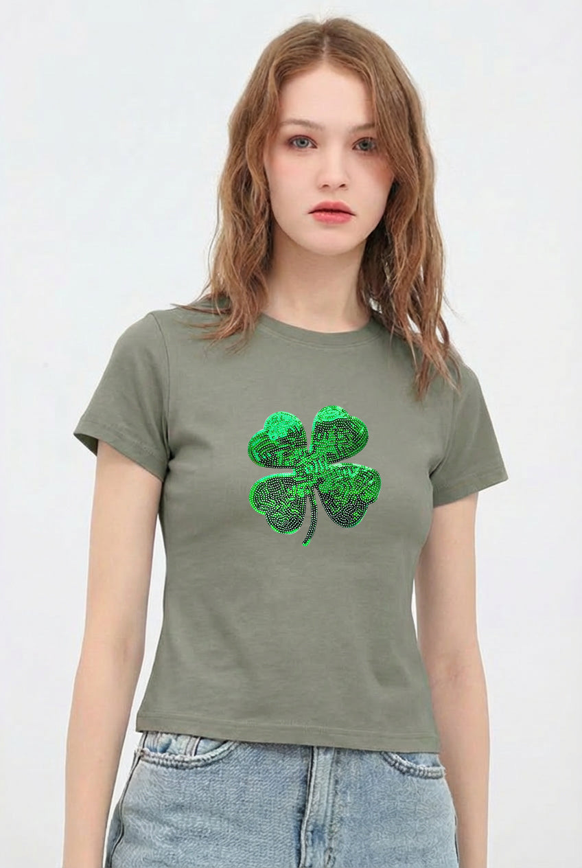 St Patricks Day Sequin Shamrock Crop T-Shirt