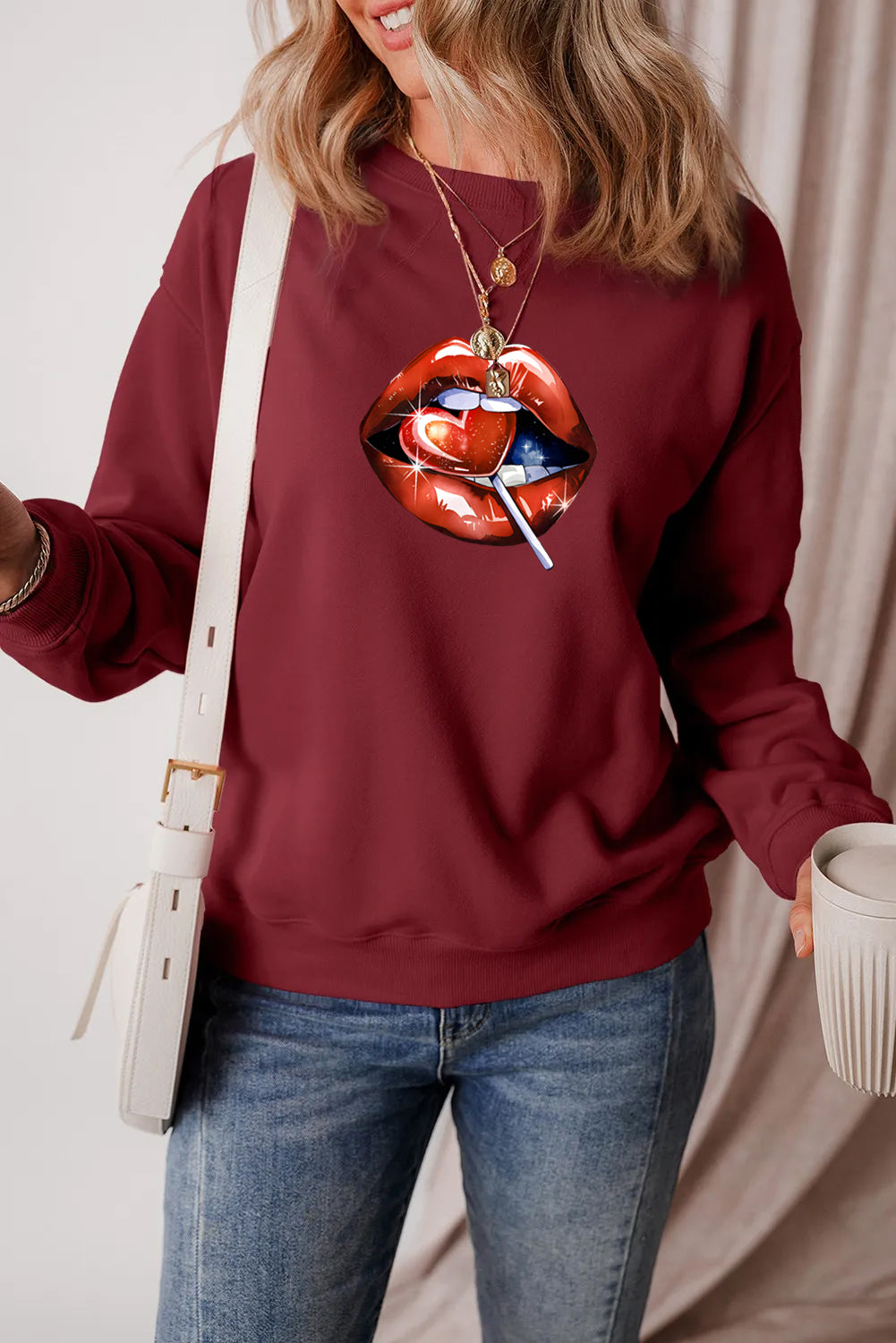 Valentine’s Day Lips Heart Lollipop Graphic Sweatshirt