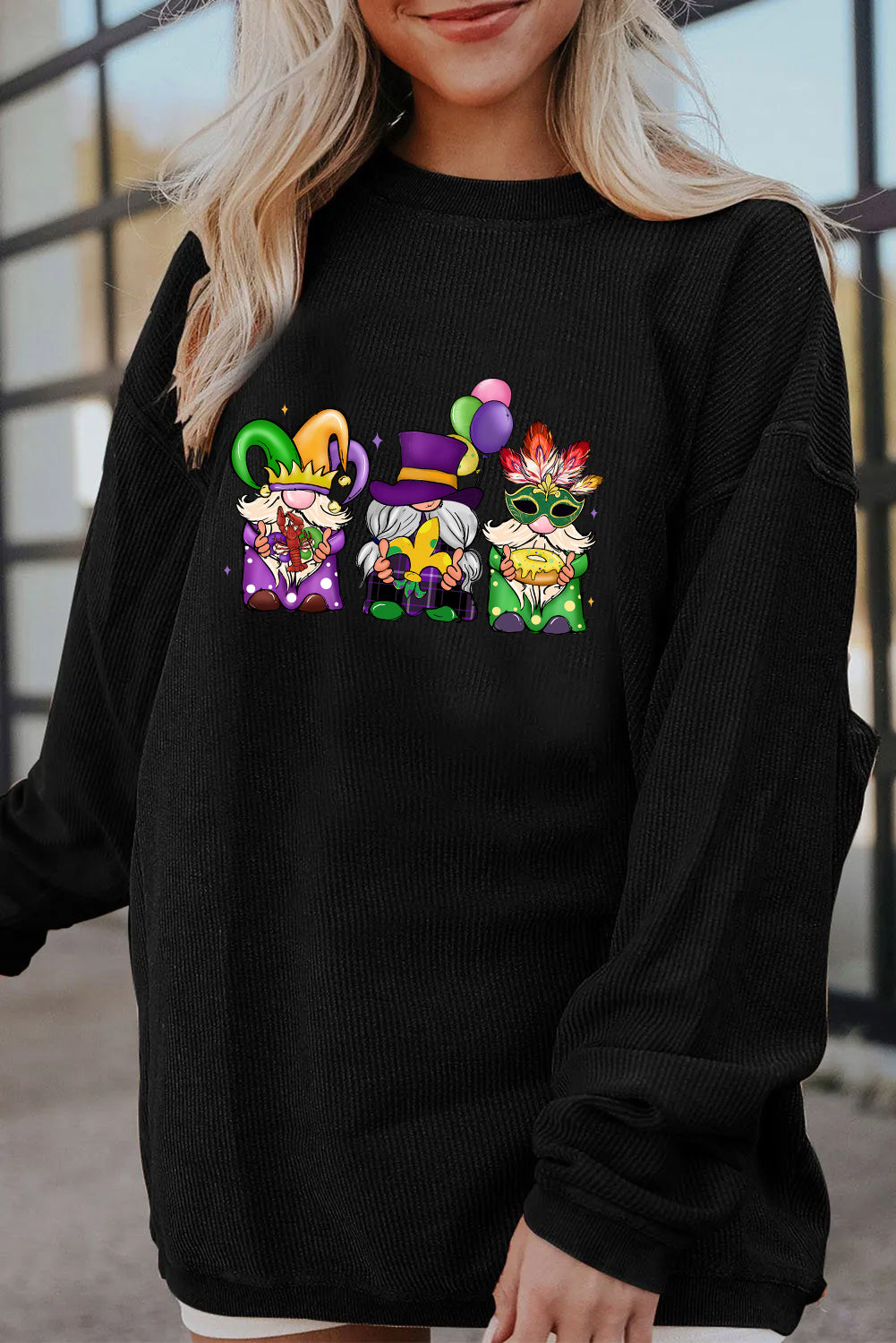 Mardi Gras Trio Gnome Graphic Corded Sweatshirt