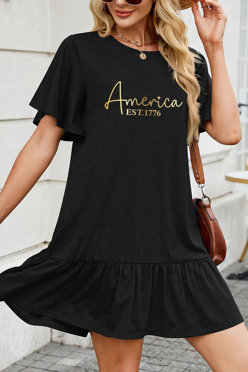 America Letter Cotton Dress Casual Ruffle Trendy