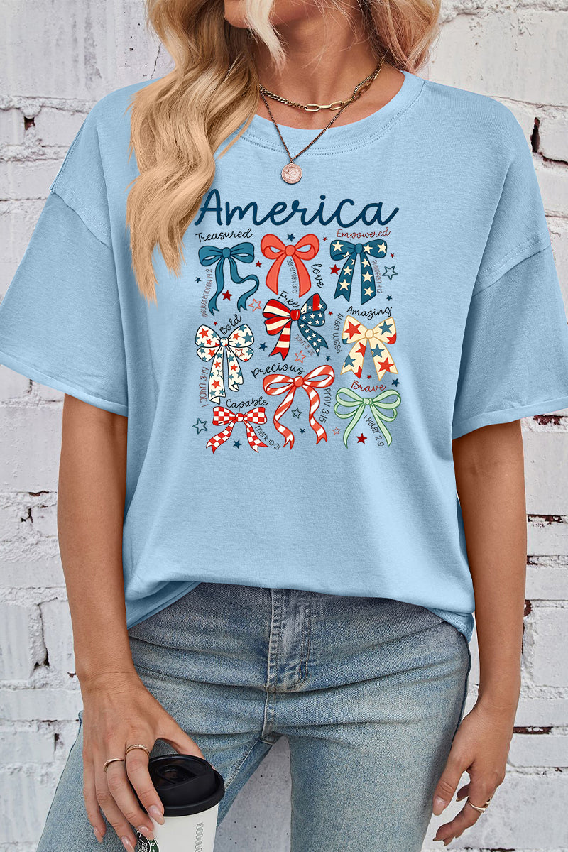 America Bow Print Rayon Tee Oversized Patriotic Top