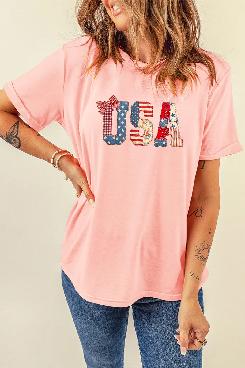 USA Patchwork Bow Graphic Tee Women Patriotic Summer Shirt