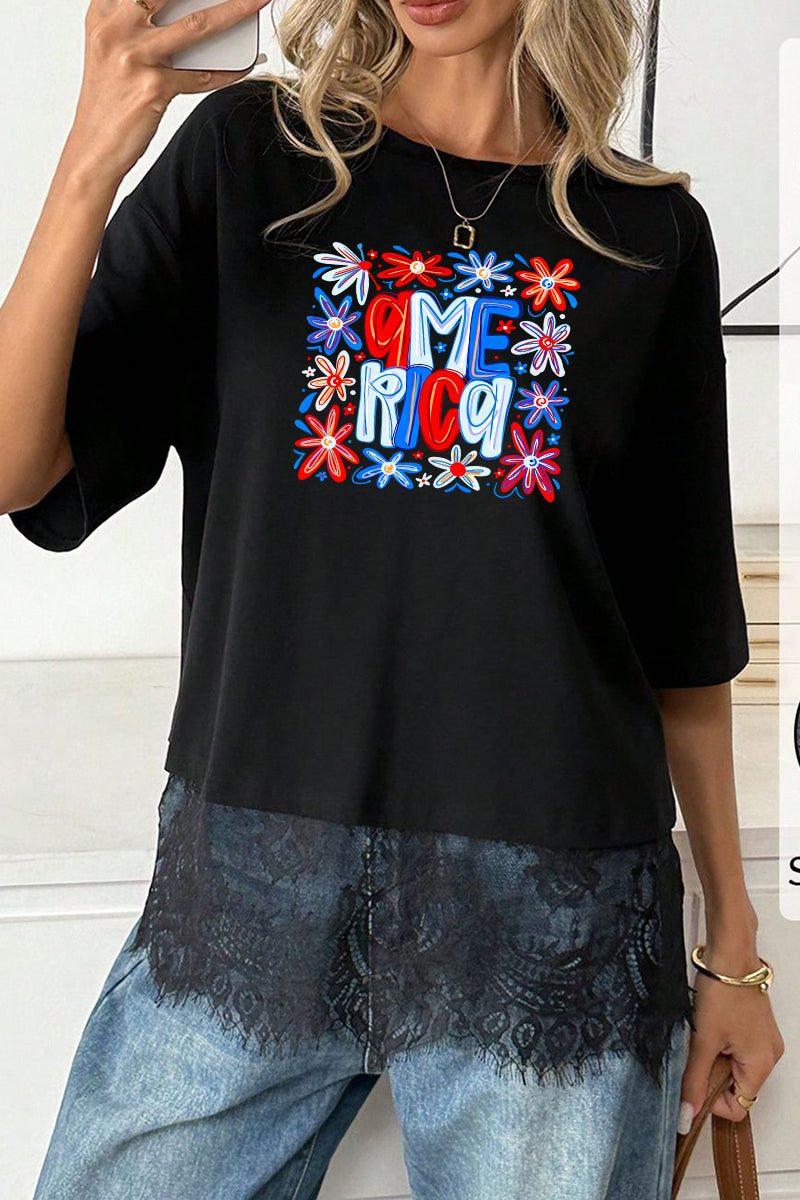 Patriotic Polyester Tee 4th July Flower Graphic Top