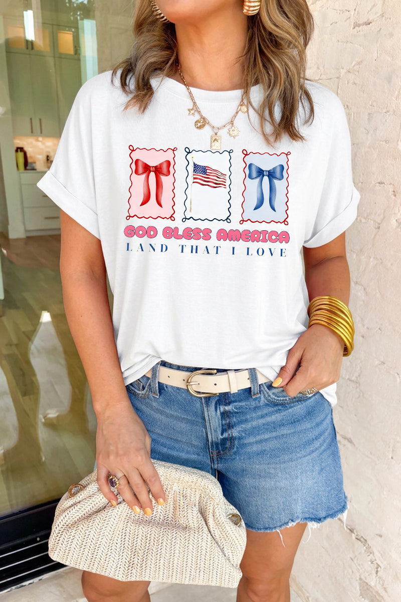 Women 4th of July Bow American Flag T Shirt