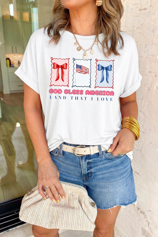 Women 4th of July Bow American Flag T Shirt