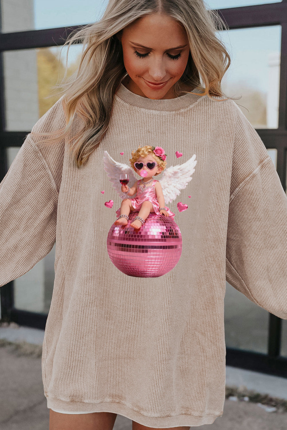 Valentine’s Day Pink Angel Disco Ball Graphic Sweatshirt
