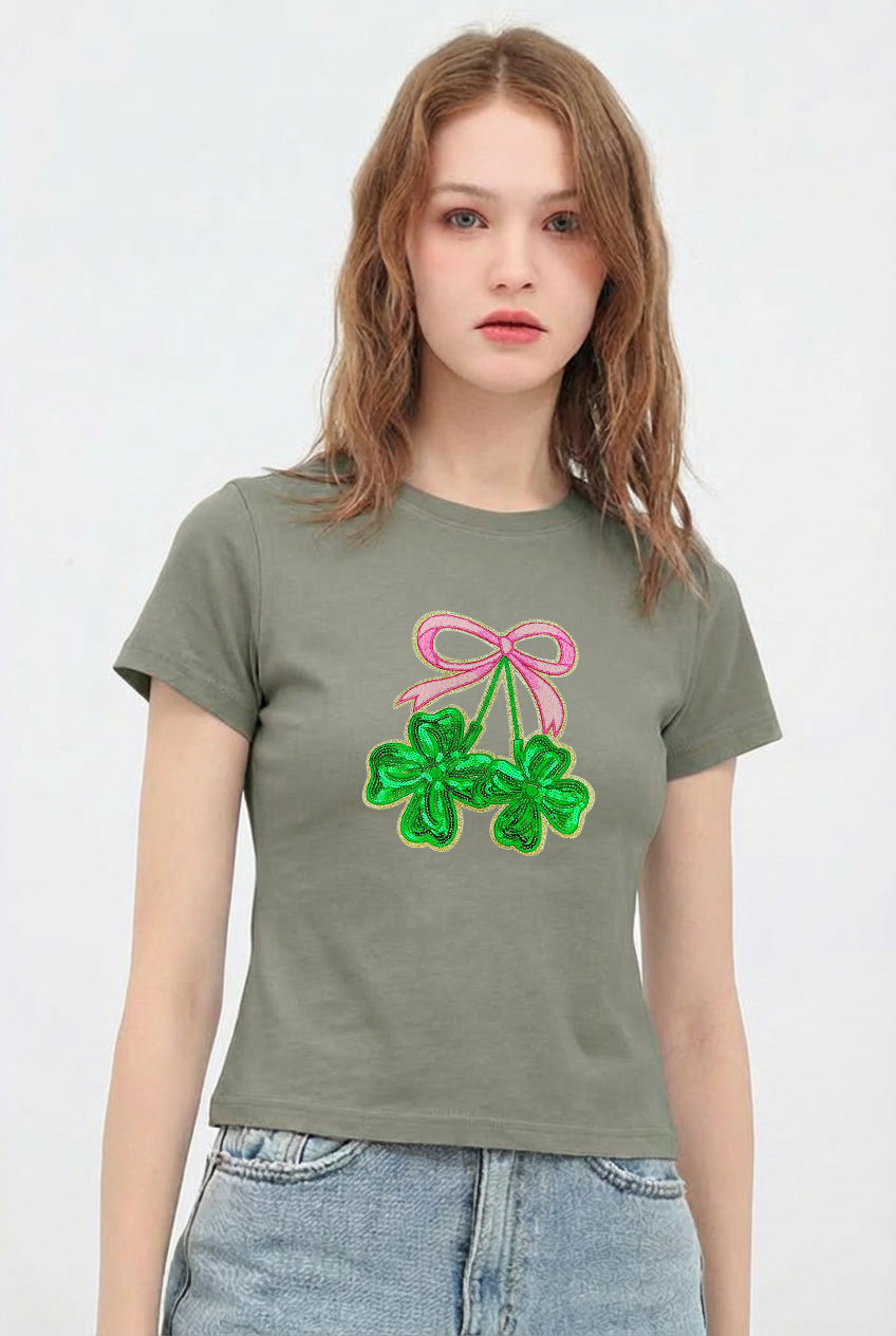 St Patricks Day Bow Shamrock Sequin Crop T-Shirt