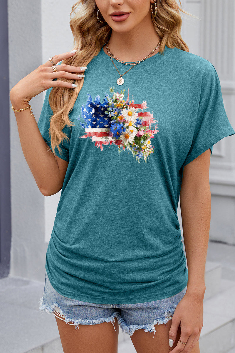 American Flag Floral Graphic Independence Day T Shirt