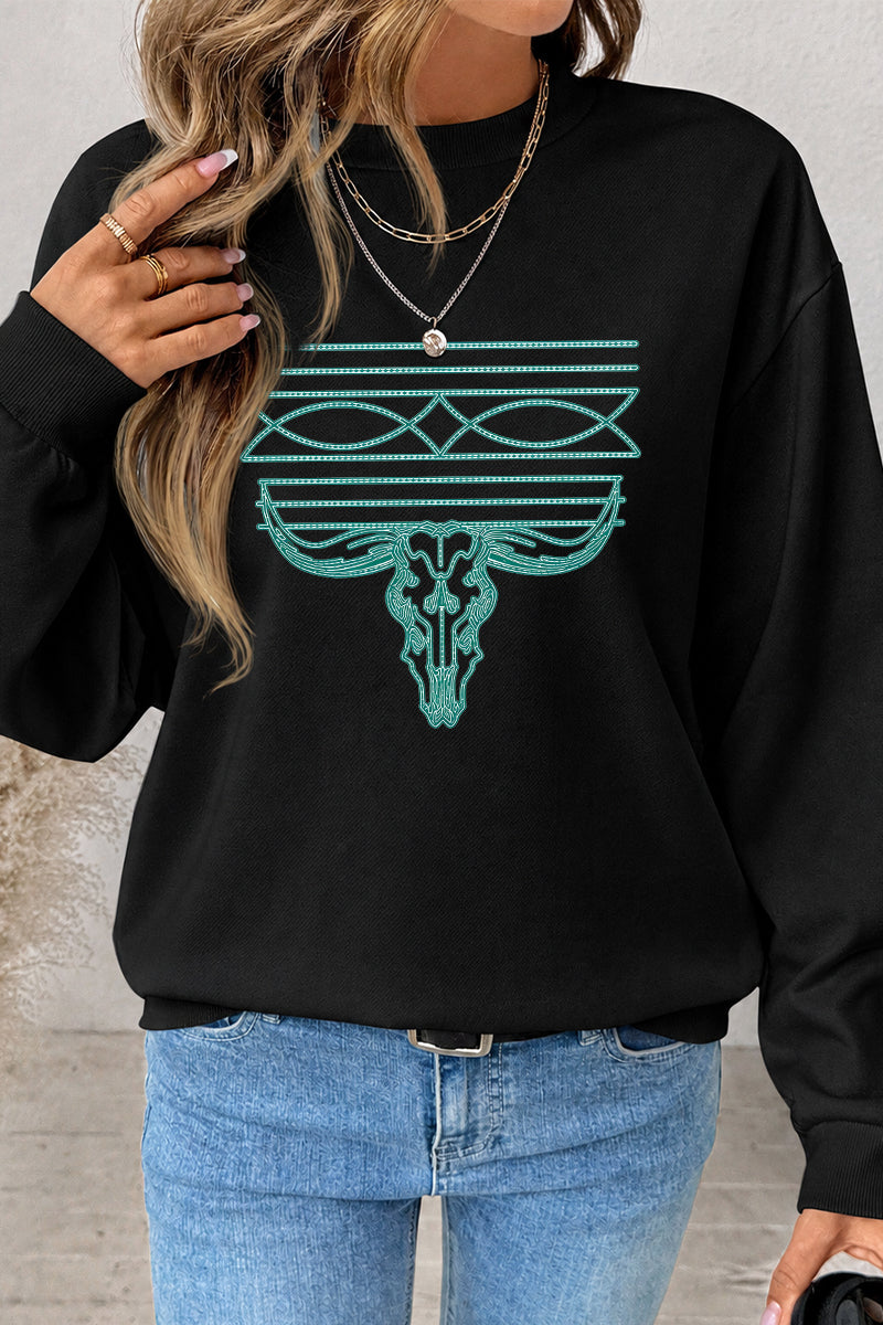 Western Bull Skull Graphic Mock Neck Sweatshirt