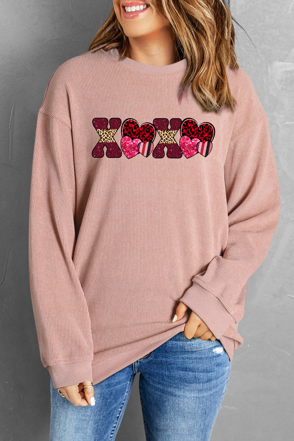 Valentines Day XOXO Sequin Letter Cozy Sweatshirt
