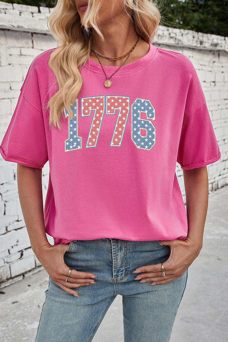 Patriotic Cotton Graphic Tee Oversized 1776 USA Top