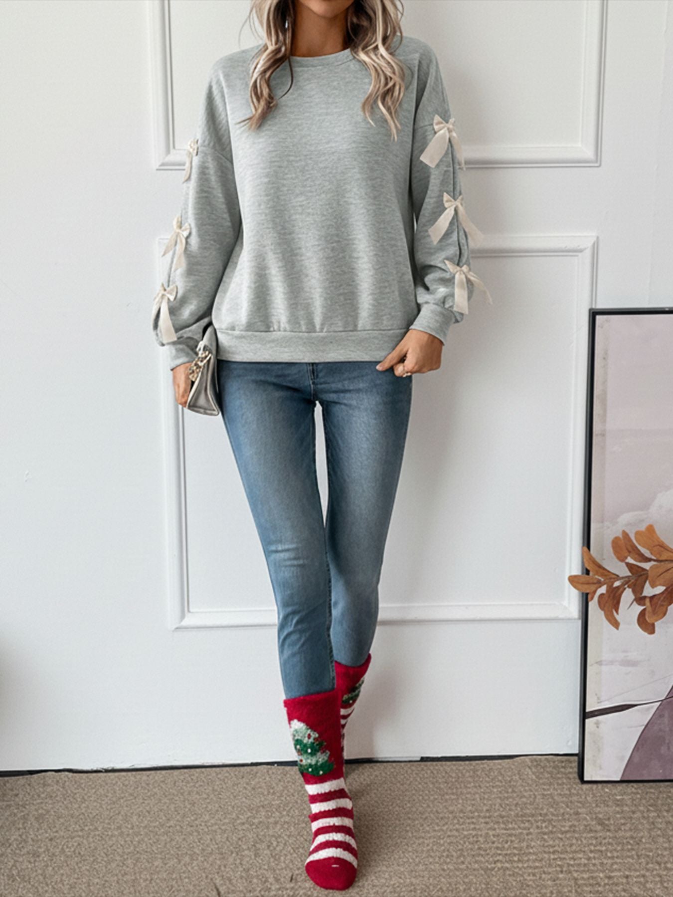Crew Neck Pullover Top 3D Bowknot Trim Loose Sweatshirts