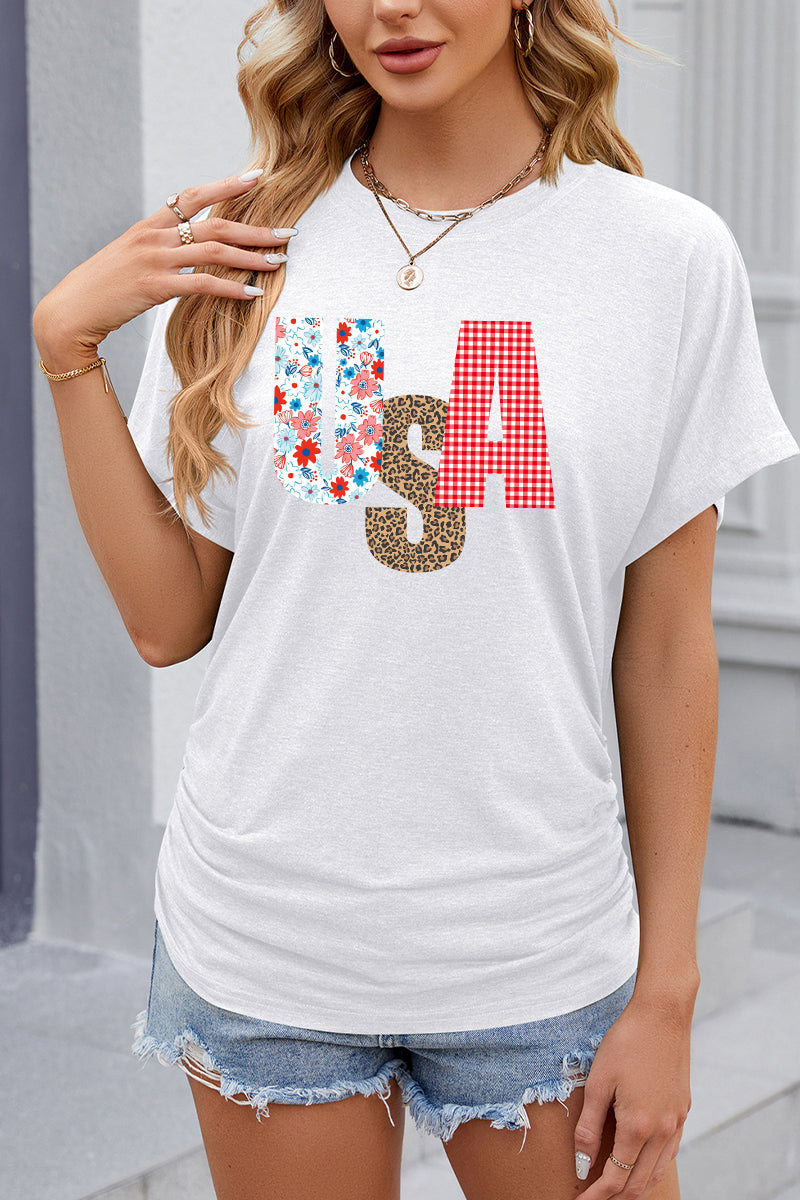 USA  Floral Graphic Casual Patriotic T Shirt