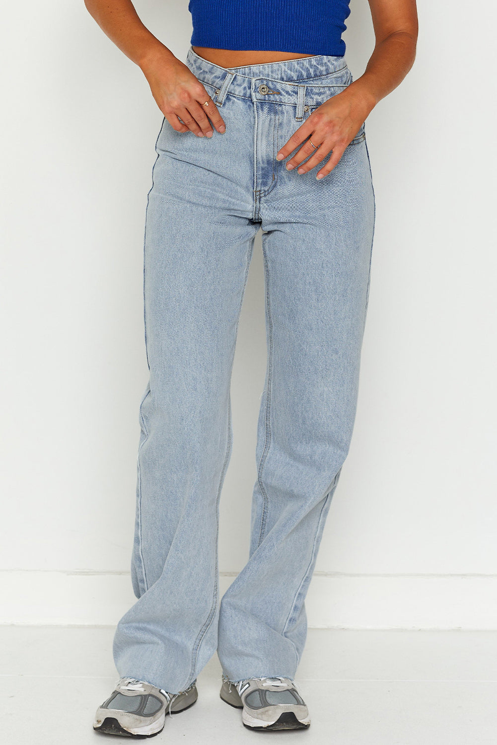 Blue Mid Rise Asymmetrical Waist Wide Leg Jeans