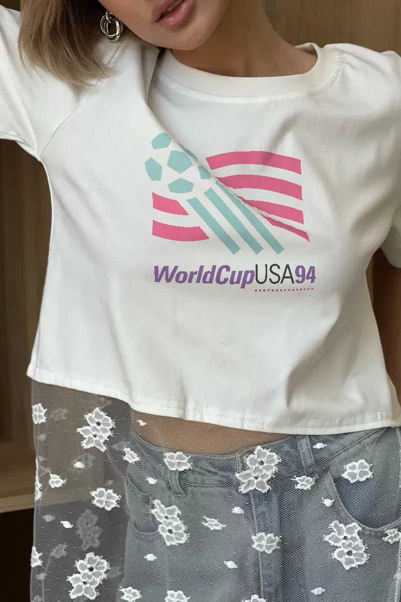 Vintage World Cup USA Graphic Crop Tee Casual Short Sleeve T Shirt