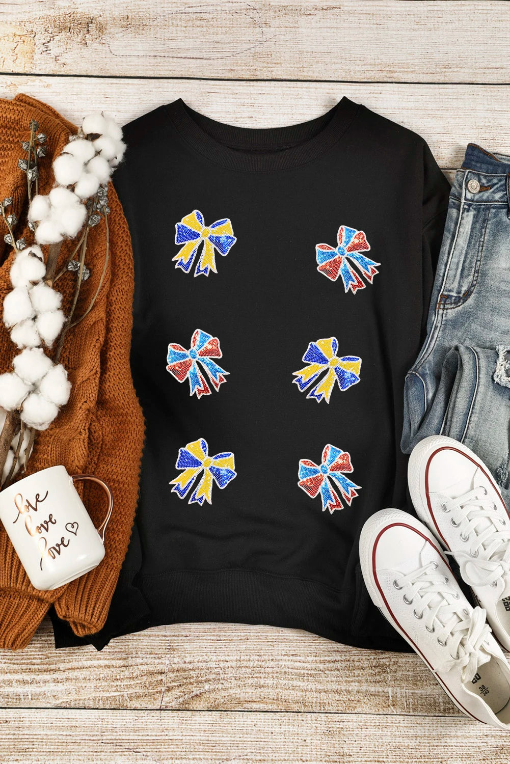 Black Shimmering Bow Patched Pattern Game Day Sweatshirt