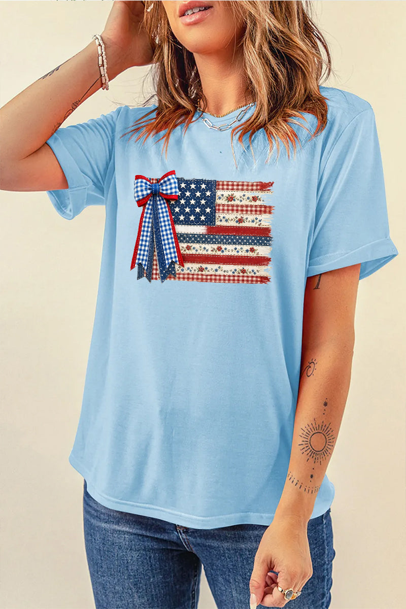 USA Flag Bow Graphic Tee Women Patriotic 4th of July Top
