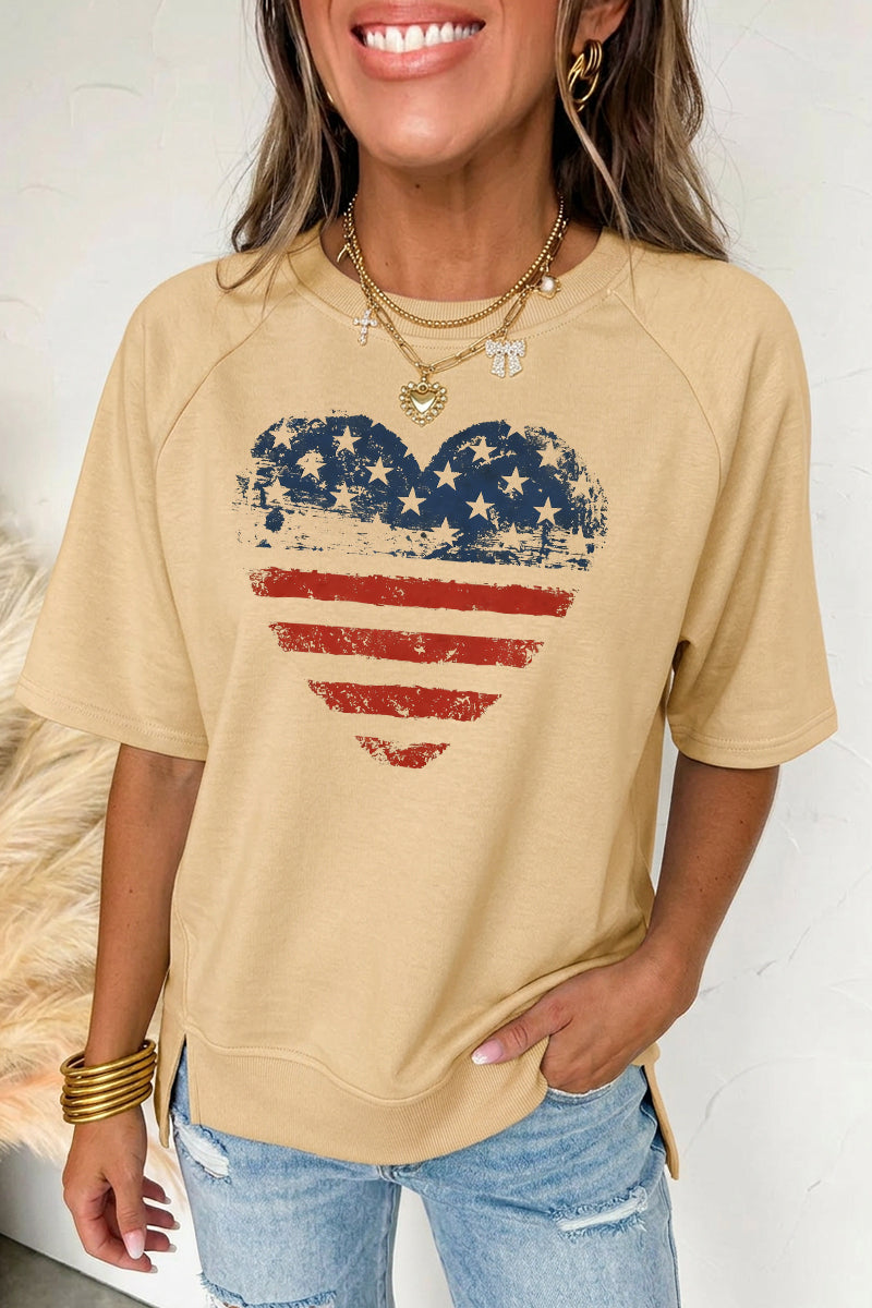 Independence Day American Flag Heart Graphic Tee Top