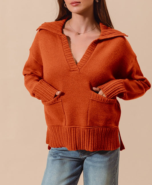 Fall V Neck Knit Sweater with Collar and Pockets