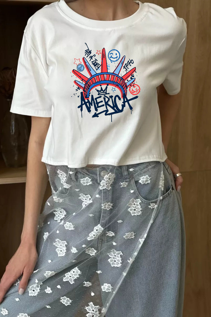 Patriotic Graphic Cotton Tee Lace Patchwork Top
